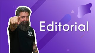 "Editorial" escrito sobre fundo roxo ao lado da imagem do professor