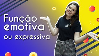 "Função emotiva ou expressiva" escrito sobre fundo azul e amarelo ao lado da imagem da professora