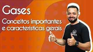 "Gases: conceitos importantes e características gerais" escrito sobre fundo laranja ao lado da imagem do professor
