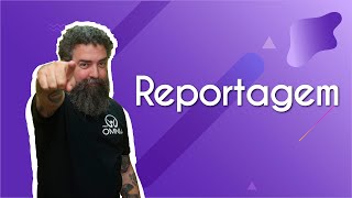 "Reportagem" escrito sobre fundo roxo ao lado da imagem do professor
