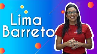 Professora ao lado do texto"Lima Barreto".