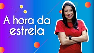 "A hora da estrela" escrito sobre fundo colorido ao lado da imagem da professora