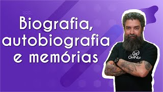 "Biografia, autobiografia e memórias" escrito sobre fundo roxo ao lado da imagem do professor