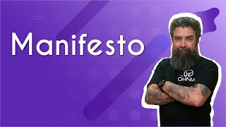 "Manifesto" escrito sobre fundo roxo ao lado da imagem do professor