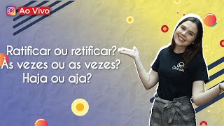 "Ratificar ou retificar? Às vezes ou as vezes? Haja ou aja?" escrito sobre fundo azul e amarelo ao lado da imagem da professora