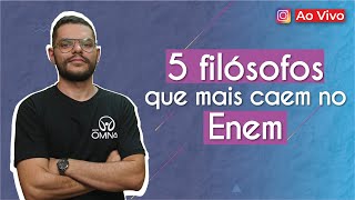 "5 filósofos que mais caem no Enem" escrito sobre fundo azul ao lado da imagem do professor