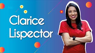 "Clarice Lispector" escrito sobre fundo colorido ao lado da imagem da professora