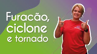 Professora ao lado do texto"Qual a diferença entre furacão, ciclone e tornado?".