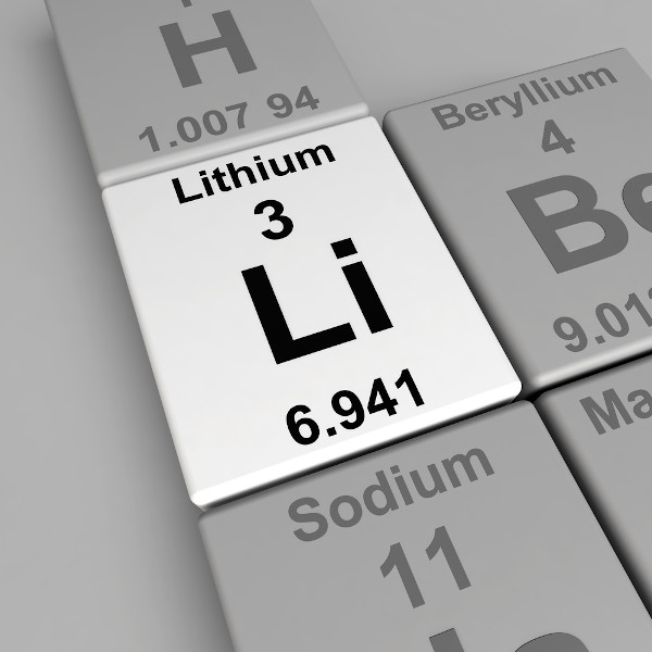 Representação do elemento lítio na tabela periódica, com informação de massa e número atômico. 