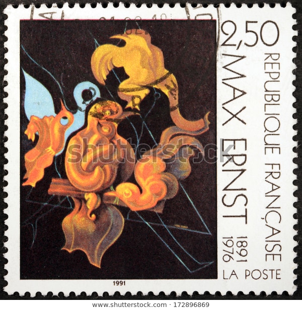 Esse selo de 1991, em comemoração ao centenário de Marx Ernst, reproduz sua pintura After us motherhood (1927). |1|