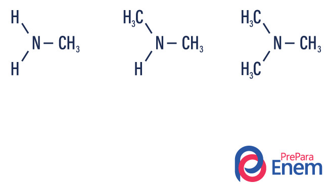 Exemplo de amina primária, secundária e terciária, com substituição dos hidrogênios por radicais metil.