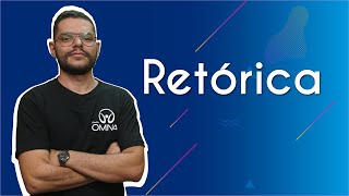 "Retórica" escrito sobre fundo azul ao lado da imagem do professor