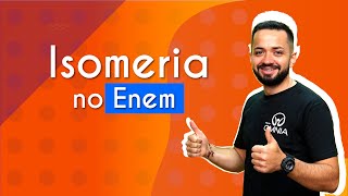 "Isomeria no Enem" escrito sobre fundo alaranjado ao lado da imagem do professor