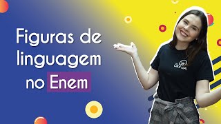"Figuras de linguagem no Enem" escrito sobre fundo colorido ao lado da imagem da professora