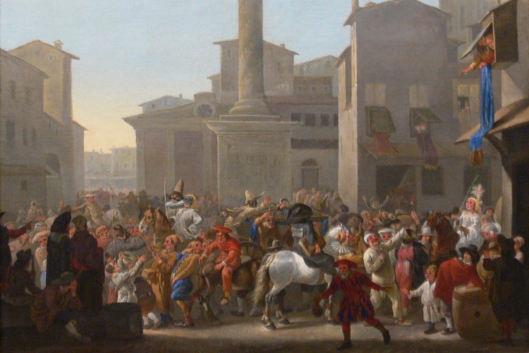 Tela de Johannes Lingelbach (1622-1674), Carnaval em Roma, que mostra um carnaval da commedia dell'arte.