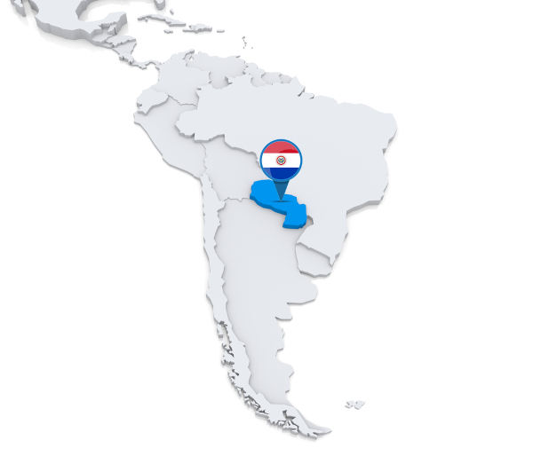 Mapa da América do Sul. Em destaque, o Paraguai.