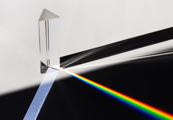 A luz refrata ao atravessar um prisma e, em seguida, sofre dispersão.