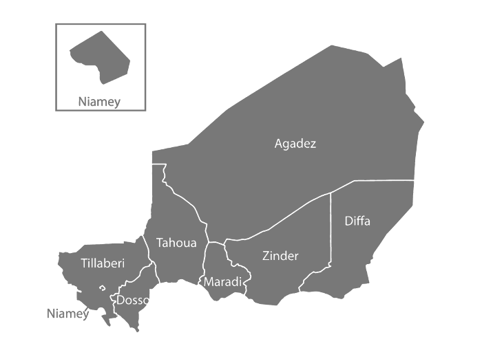 Mapa do Níger, com destaque para a capital do país Niamey.