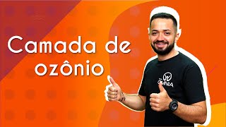 Professor ao lado do texto"Camada de ozônio"