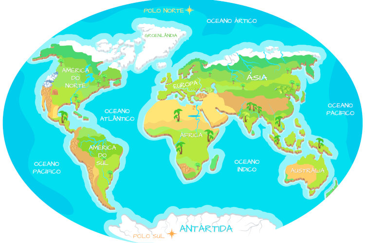 Mapa com a localização dos oceanos.