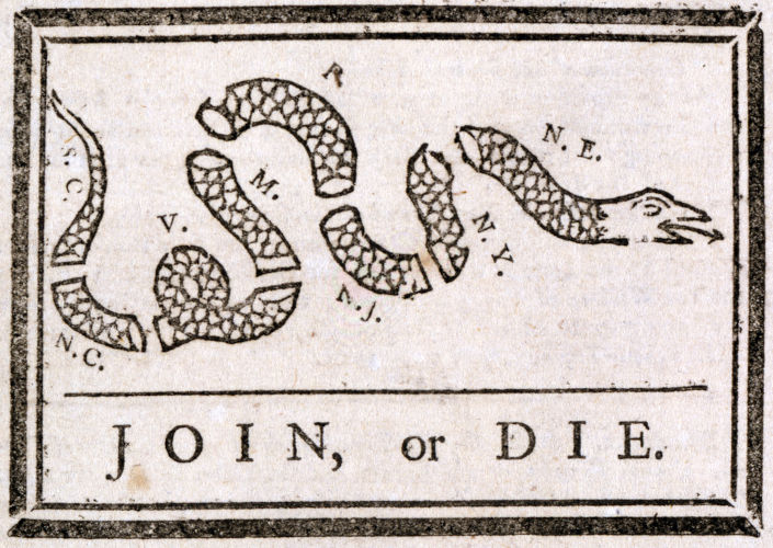 Cartaz da década de 1750 anunciando a necessidade da união das Treze Colônias.