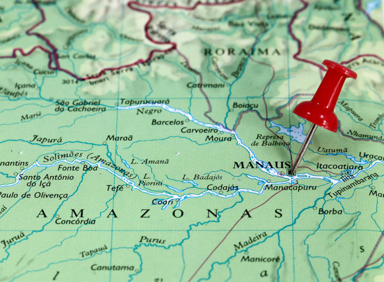 Mapa do estado de Amazonas com a localização de Manaus.