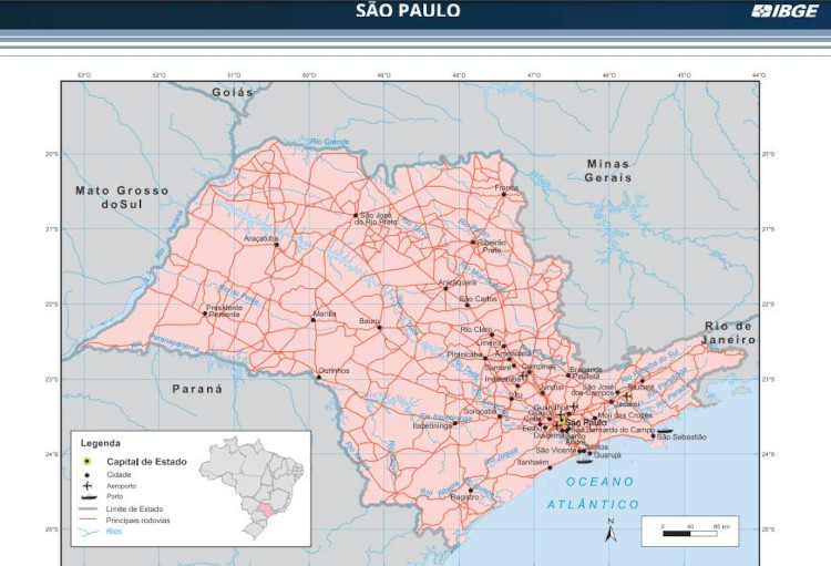 Mapa do estado de São Paulo.