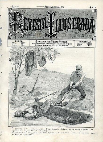 A “Revista Illustrada”, de 1885, abordando em sua capa a aprovação da Lei dos Sexagenários. [1]