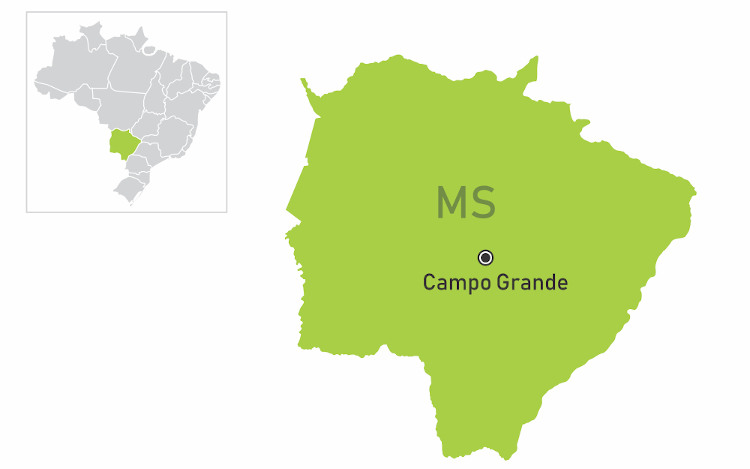 Mapa do estado do Mato Grosso do Sul. Em destaque, a capital Campo Grande.