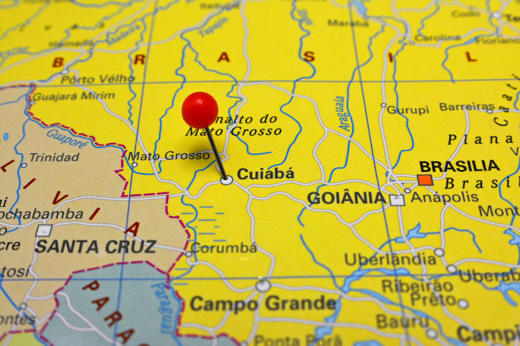 Mapa do estado do Mato Grosso. Em destaque, a capital Cuiabá.