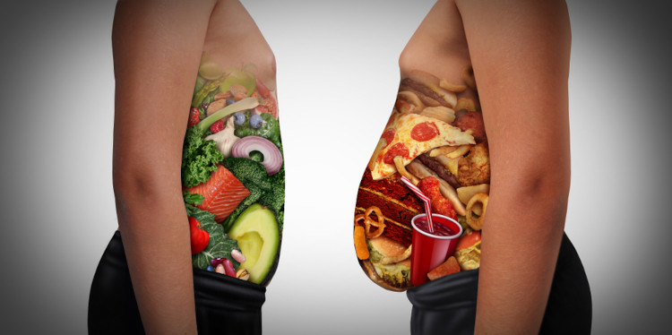Foto de dois corpos representando figurativamente a diferença entre uma alimentação saudável e uma não saudável