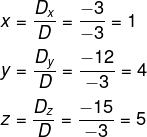 Cálculo dos valores de x, y e z em fórmula de determinante