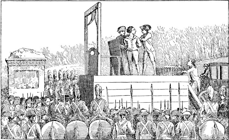 Gravura de soldados levando um prisioneiro para ser executado na guilhotina