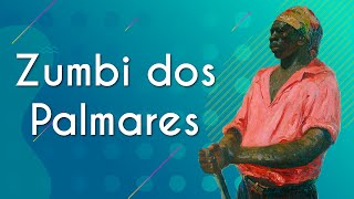 "Zumbi dos Palmares" escrito sobre fundo verde ao lado da ilustração de Zumbi dos Palmares