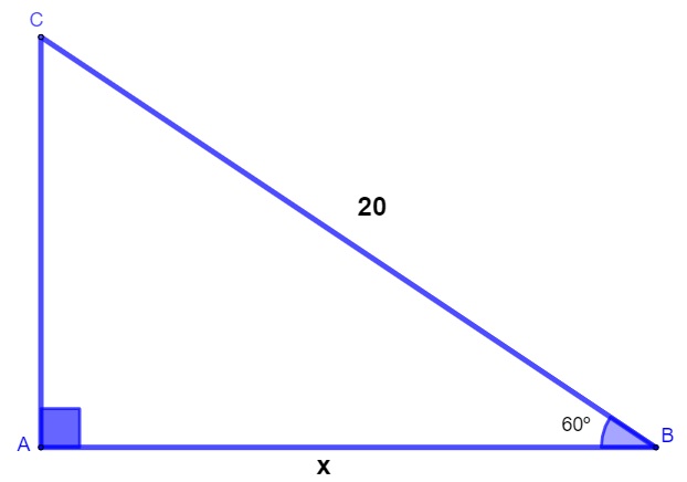 Triângulo retângulo com hipotenusa medindo 20 e ângulo de 60º
