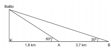 Triângulo retângulo divido com ângulos de 60º e 30º e bases de 1,8 km e 3,7 km