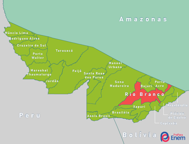 Mapa do Acre, com destaque para a localização de Rio Branco.