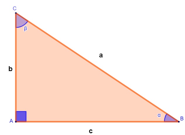 Triângulo retângulo com seus lados e ângulos marcados