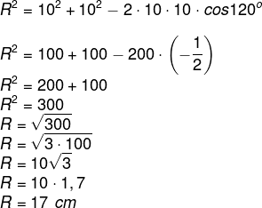 Aplicação da lei dos cossenos com substituição de cos120° no cálculo por seu valor.