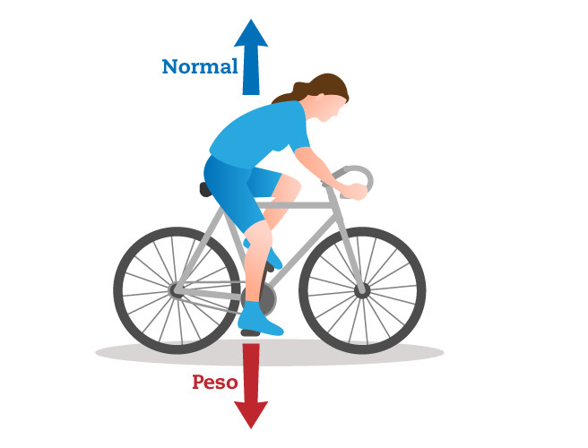 Força peso e normal agindo no sistema garota-bicicleta, apoiadas em solo plano.