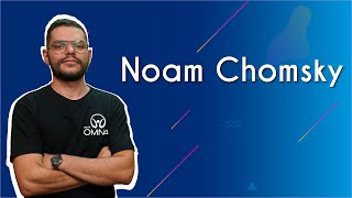 "Noam Chomsky" escrito sobre fundo azul ao lado da imagem do professor