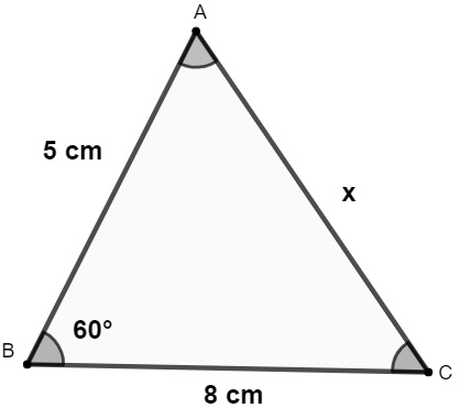 Triângulo branco de ângulos A, B (60°) e C e lados x, 5 cm e 8 cm.