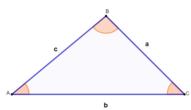 Triângulo branco de bordas roxas e marcações de ângulo em laranja com lados a, b e c.