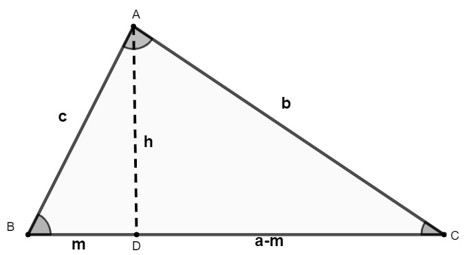 Triângulo branco com altura h e lados a (m + a – m), b e c.