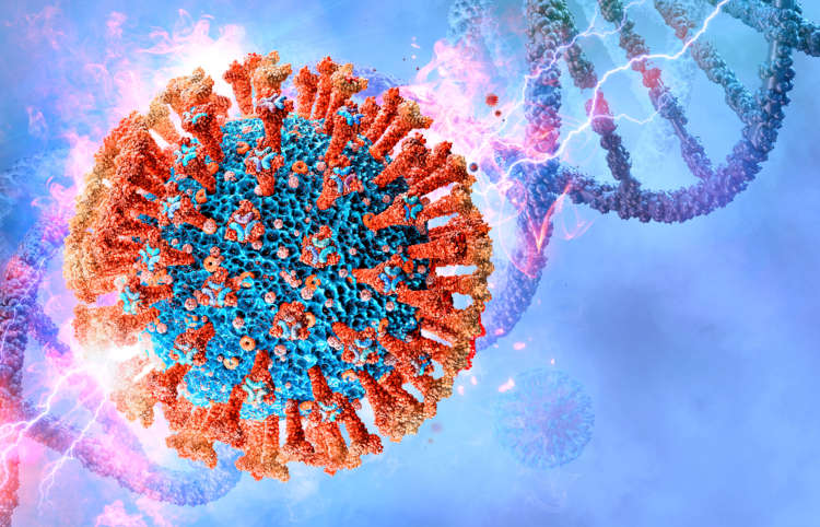 Representação digital de vírus com raios e espiral de DNA ao fundo.