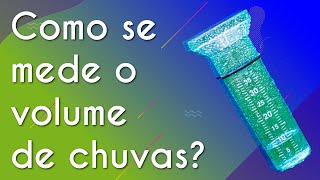 Texto"Como se mede o volume de chuvas?" ao lado de uma representação de um medidor.