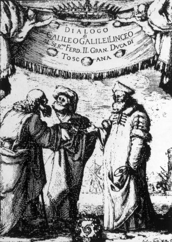 Capa do livro “Diálogo sobre os Dois Principais Sistemas Mundiais”, de Galileu Galilei.