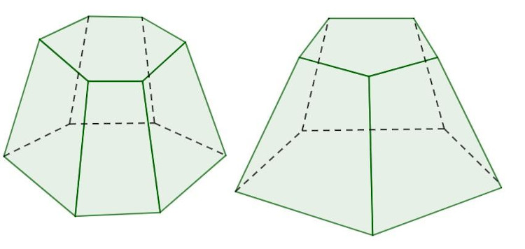 Tronco de pirâmide de base hexagonal e tronco de pirâmide de base pentagonal.