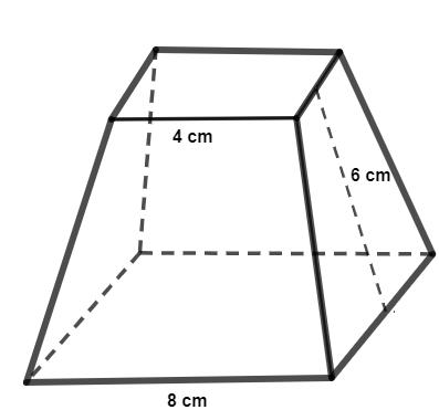  Ilustração de um tronco de pirâmide com base maior com 8 cm, base menor com 4 cm e altura com 6 cm.