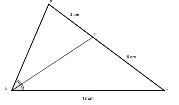  Ilustração de um triângulo de lados com 18 cm e 6 cm para descoberta do terceiro lado por meio da bissetriz traçada.